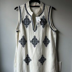 NWT Tory Burch Celeste Dress, Size L, Ivory with Navy Embroidery